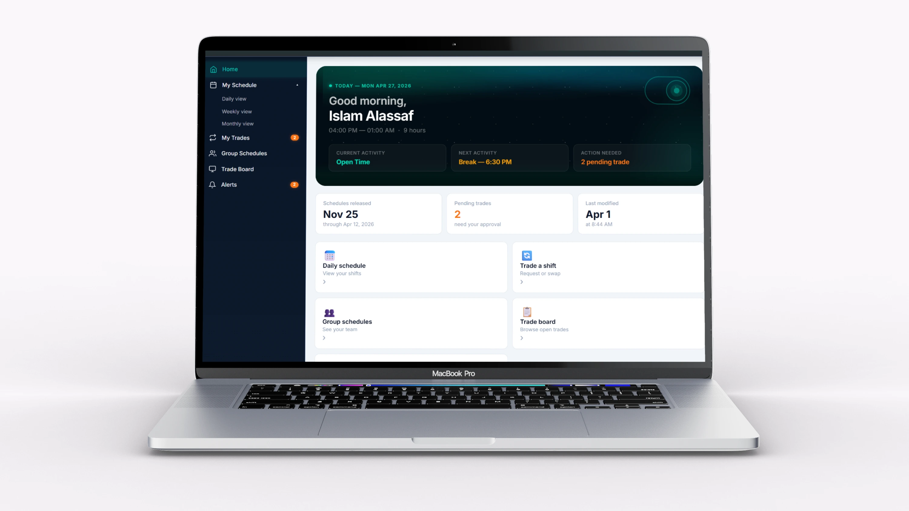 Employee Shift Management Platform: Dashboard presentation